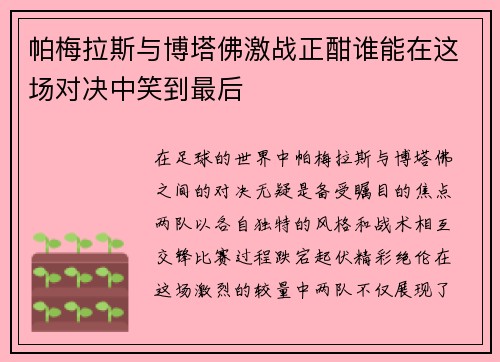 帕梅拉斯与博塔佛激战正酣谁能在这场对决中笑到最后